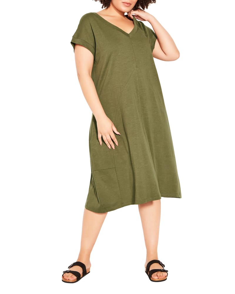 Front of a model wearing a size 14 Lilly Dress in Olive Green by Zim & Zoe. | dia_product_style_image_id:214160